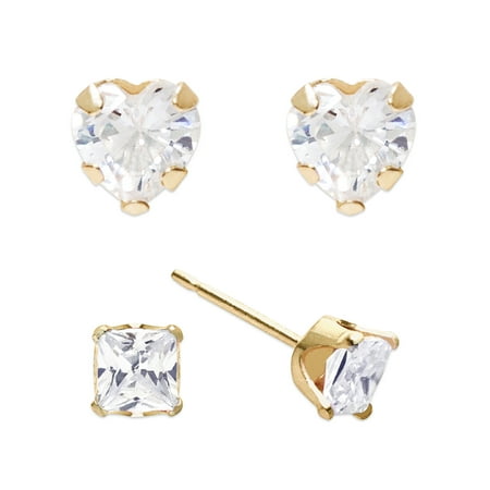 Girls' 14kt Yellow Gold Clear Square and Heart CZ Stud Earrings Set