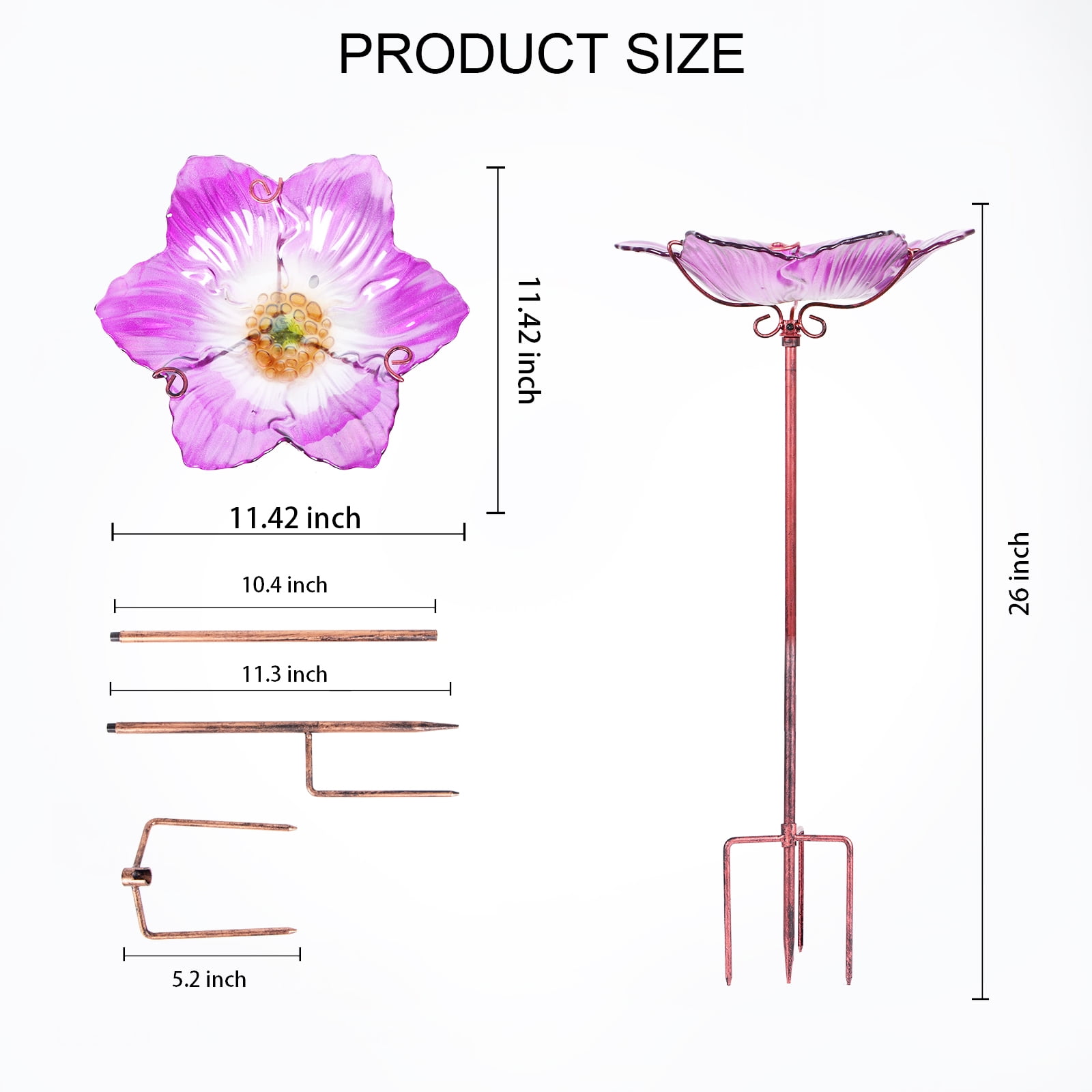 Glass Bird Bath, Outdoor Bird Feeders with Metal Stake, Pink Bird Bowls For Garden Yard Lawn
