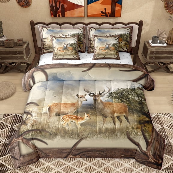 Homewish Safari Deer Twin Bedding Sets 7-Piece for Teens,Jungle Wildlife Bedding Comforter Set Microfiber,Retro Tree Branches Breathable Sheet Sets,Luxury Bedroom Decor,Reversible