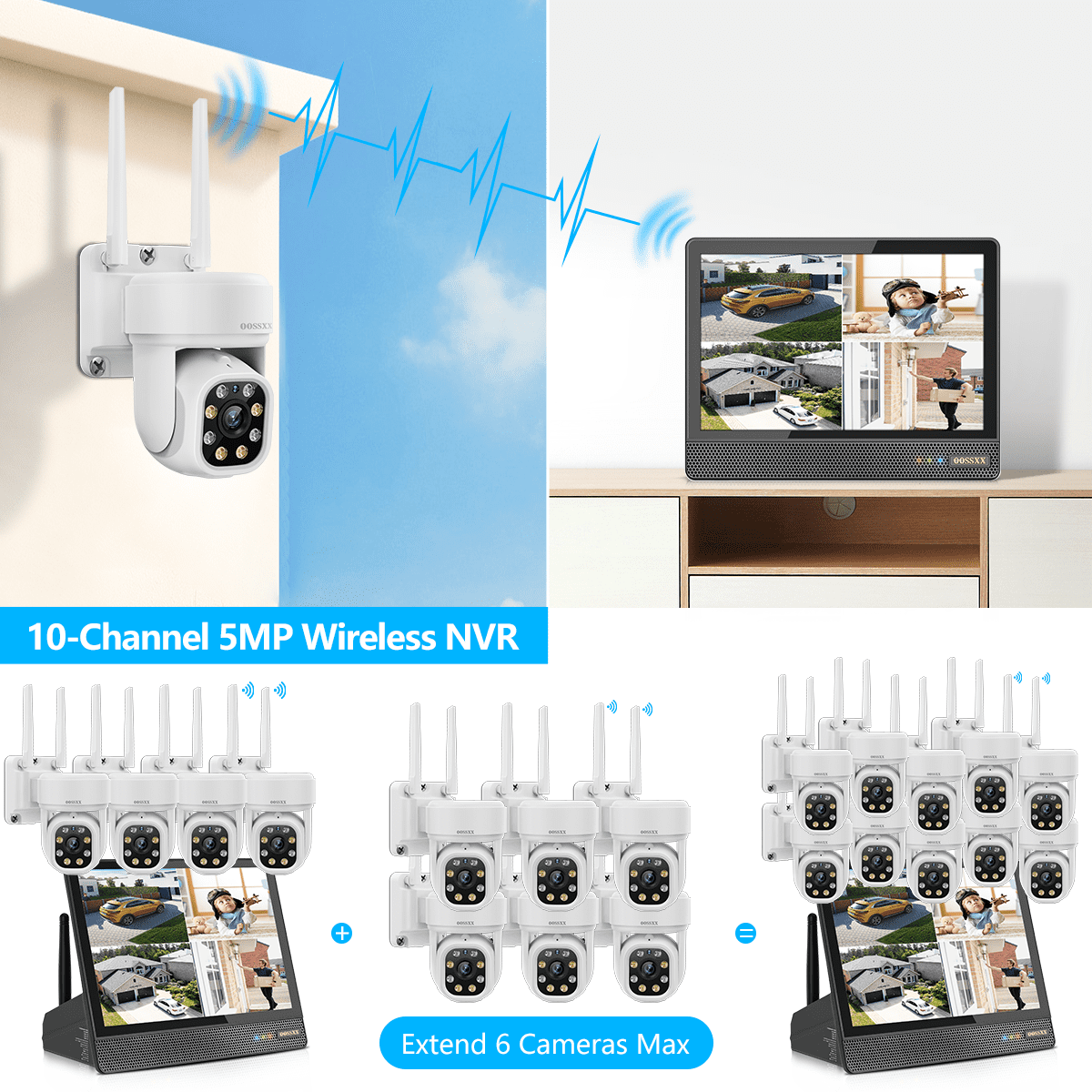 OOSSXX 5MP Outdoor Wireless PTZ Security Camera System, 10-Channel Security All-in-One Monitor, WIFI Cameras System
