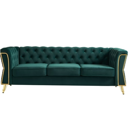 JERFIT Modern 87" Velvet Chesterfield Sofa, Emerald Green Tufted Couch for Living Room, Mid-Century Luxury Fabric Sofa