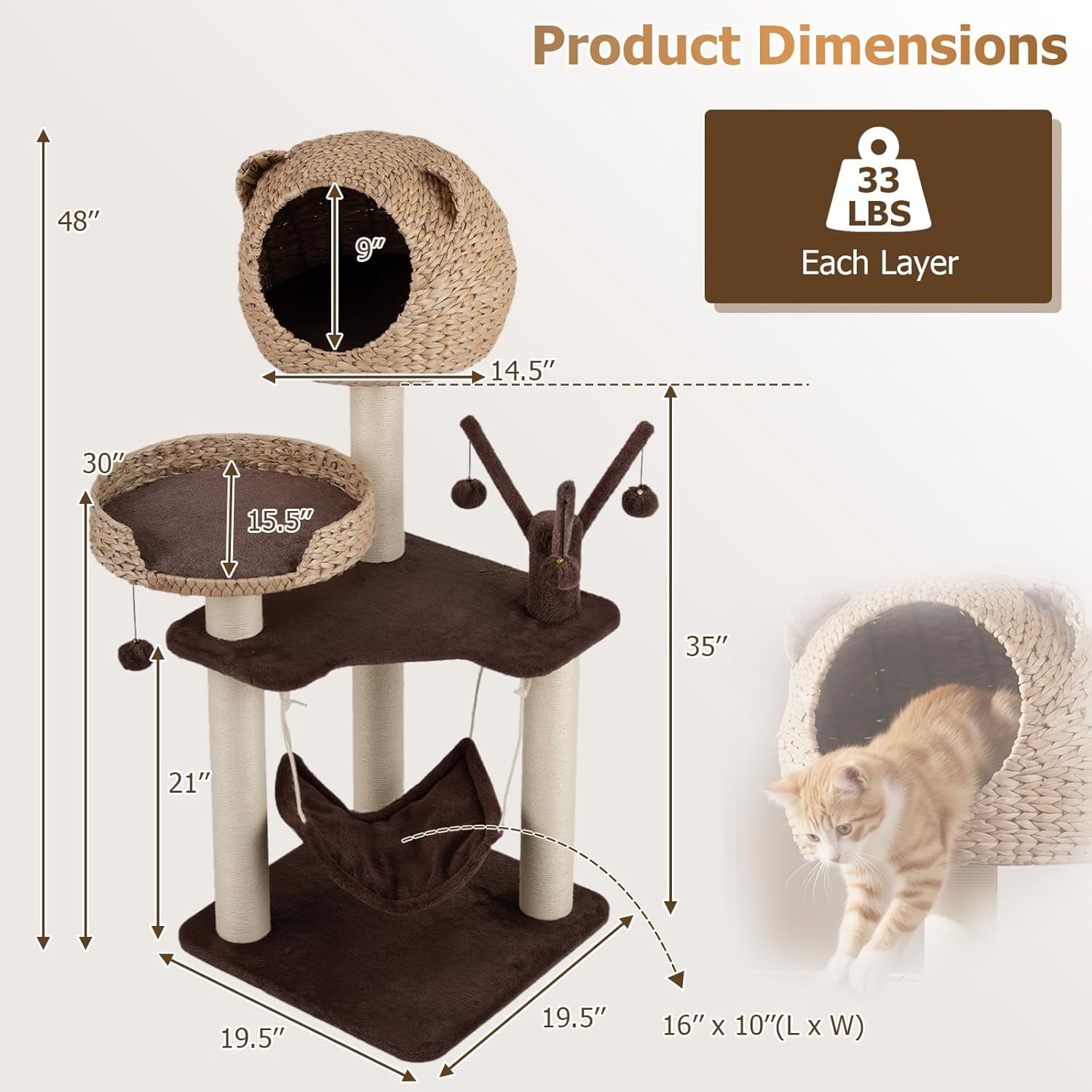 LEHOME Modern Cat Tree Tower, Multi-Level Tall Activity Center with Natural Sisal Scratching Posts, Hammock, Hand-Made Cattail Cute Condo with Funny Toy Balls (Brown)