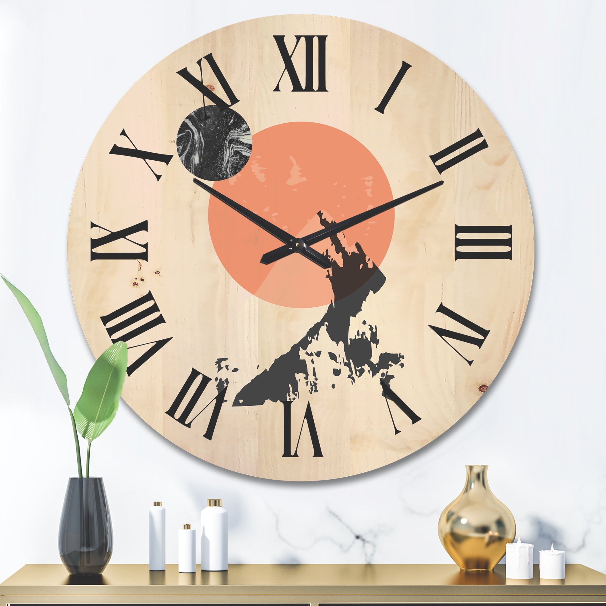 Designart 'Modern Minimalist Mountain Moon and Sun' Modern Wood Wall Clock