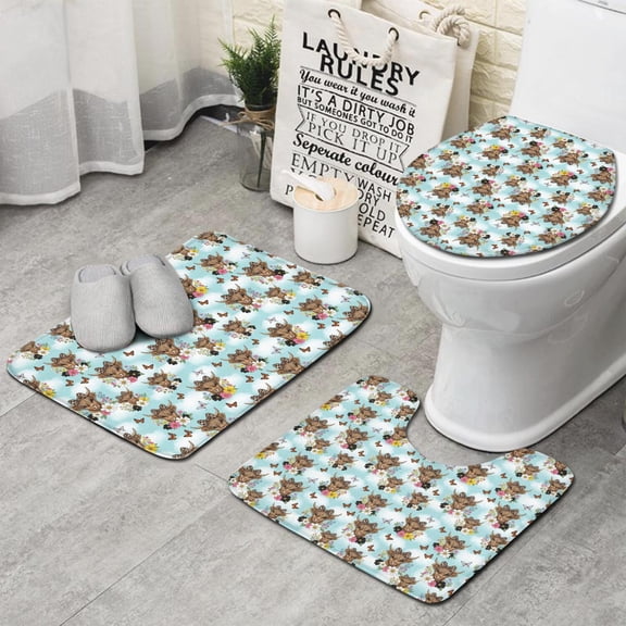 Blue Highland Cow Flower Butterfly Pattern Bathroom Rugs Sets 3 Piece,Toilet Cover Set,Absorbent Non Slip Bathroom Mats Sets with U-Shaped Contour Rug Toilet Rug Set