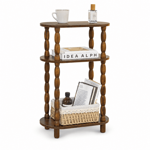 MEHOOM Narrow Side Table, Slim End Table with 3-Tier Storage Shelves, Farmhouse/Modern Nightstand for Small Spaces, Living Room, Bedroom (Rustic Brown)