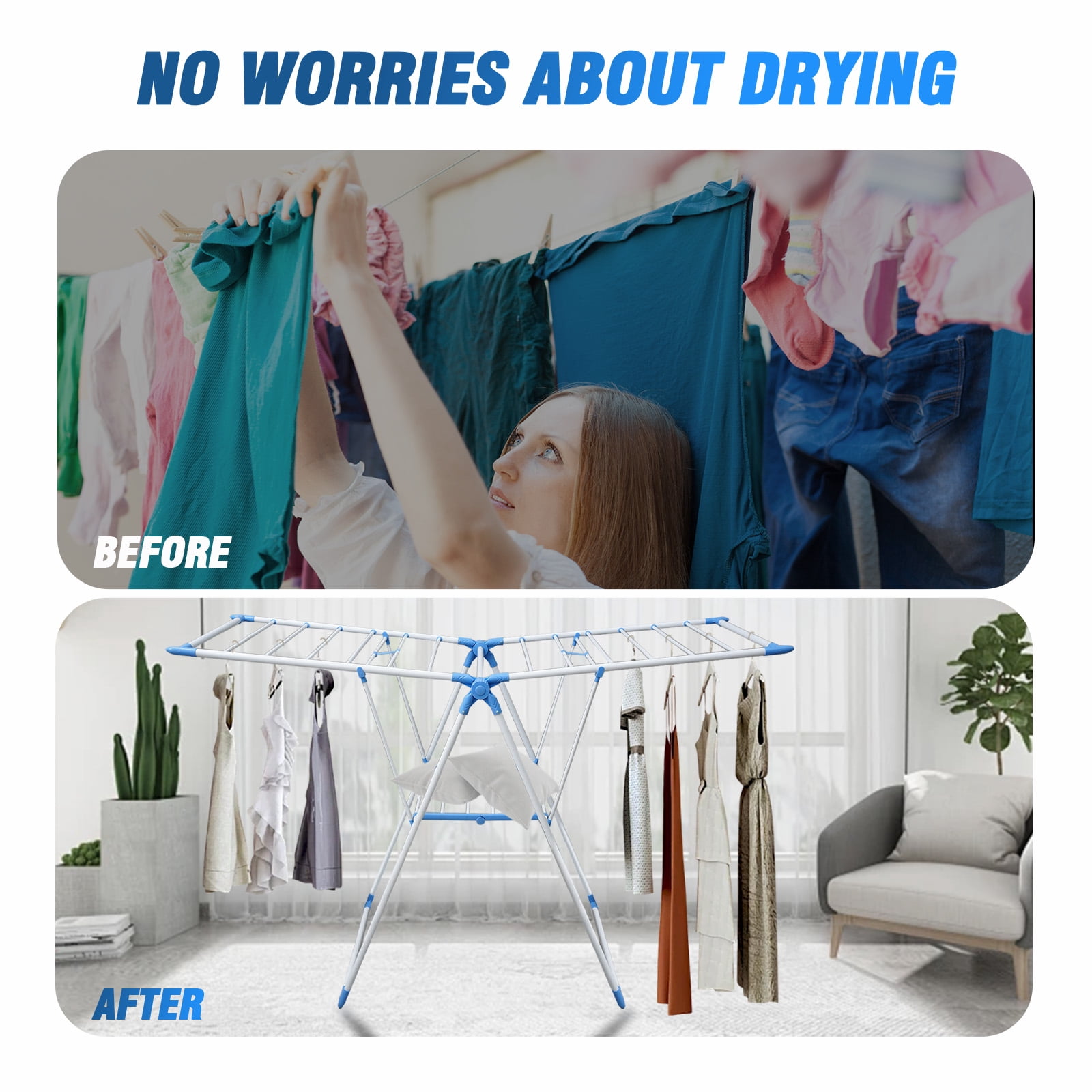 Adjustable Winged Collapsible Clothes Hanger,Space Saving Laundry Clothes Drying Racks,Stainless,Blue