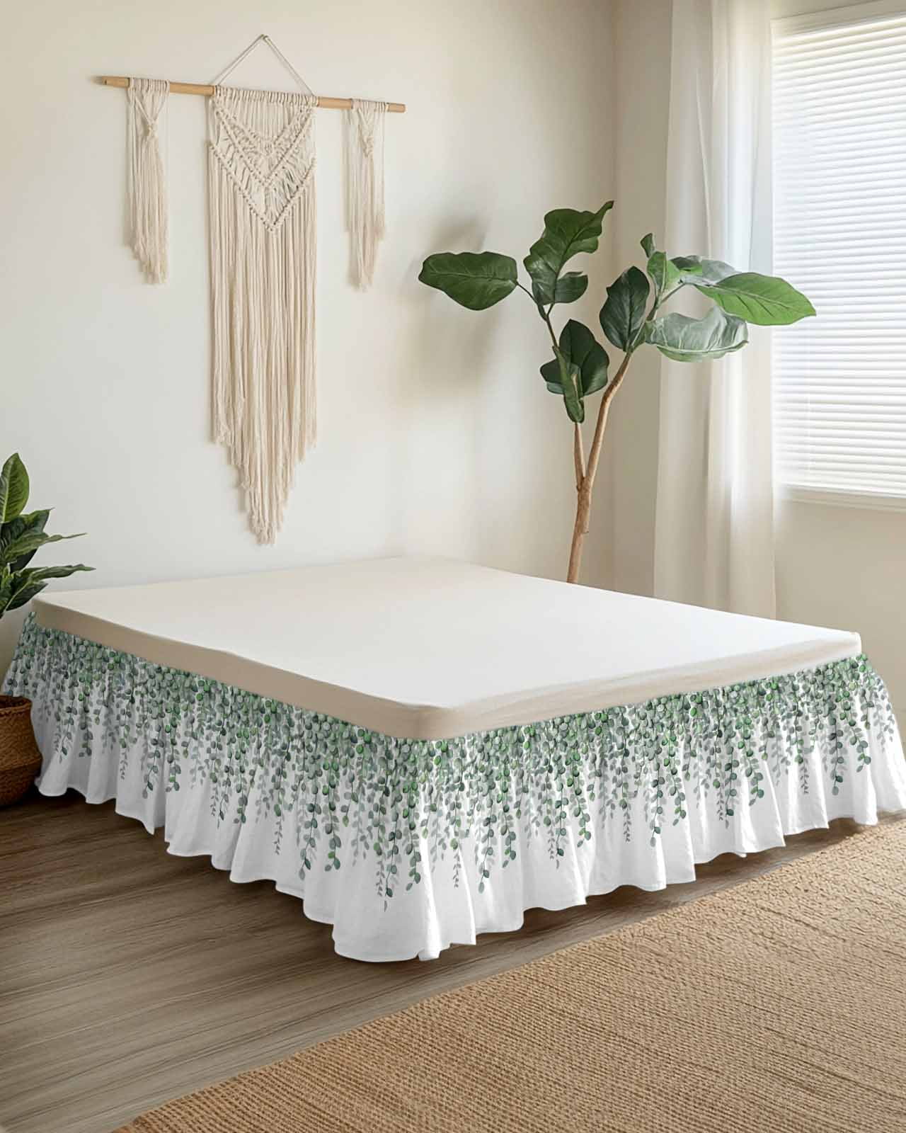 Spring Leaf Bed Skirt King Size 16 Inch Drop, Country Watercolor Green Eucalyptus Leaves Flora Plant Adjustable Elastic Dust Ruffles Bedskirt for King Bed Wrap Around Pleated Mattress Frame Cover