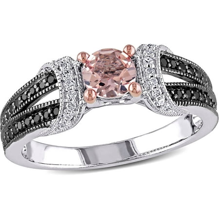 1/2 Carat T.G.W. Morganite with 1/4 Carat T.W. Black and White Diamond Sterling Silver Cocktail Ring