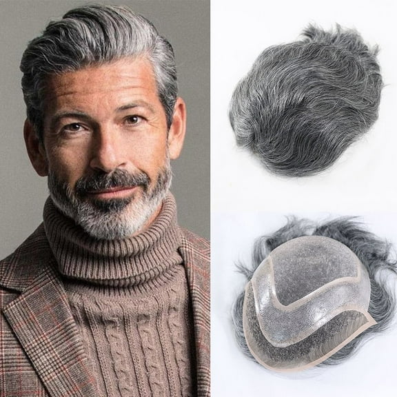 Hair Replacement System for Men Fine Mono with Poly PU Men's Toupee Wigs Human Hair 50% 1B OFF Black with 50% Synthetic Grey White Hair Toupee 10x8 Inch
