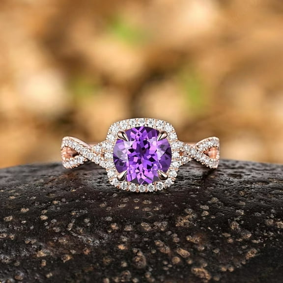 Round Shape Purple Amethyst Engagement Ring in 14K Rose Gold Vermeil – Vintage Diamond Halo Cluster Promise Wedding Ring – February Birthstone