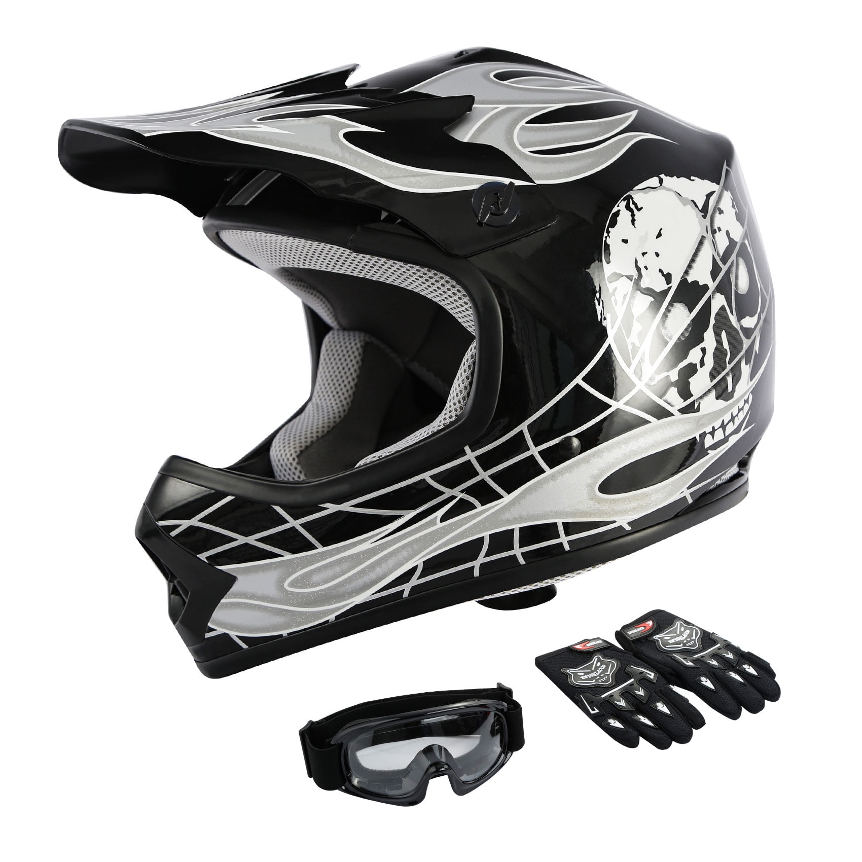 Youth Matte Black Motocross Helmet Combo with Goggles Gloves DOT ATV UTV MX 