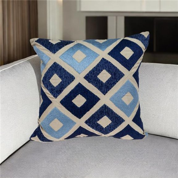 HomeRoots 529266 18 in. Beige & Blue Diamond Cotton Throw Pillow with Embroidery