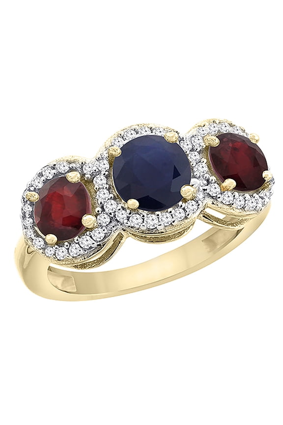 14K Yellow Gold Natural High Quality Blue Sapphire & Enhanced Ruby Sides Round 3-stone Ring Diamond Accents, size 7.5