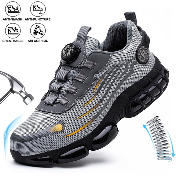 XQJ Steel Toe Shoes for Men Women Air Cushion Sneakers Lightweight Breathable Safety Work Shoes Industrial Construction Anti-puncture Safety Shoes Sneakers Grey Size 5