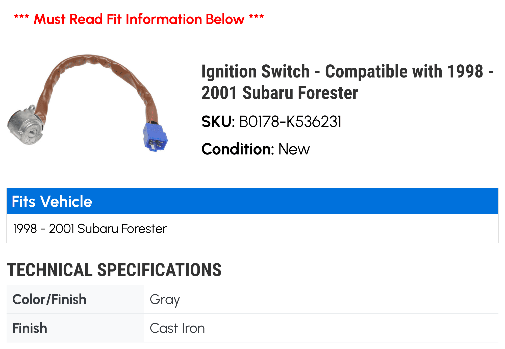 Ignition Switch - Compatible with 1998 - 2001 Subaru Forester 1999 2000
