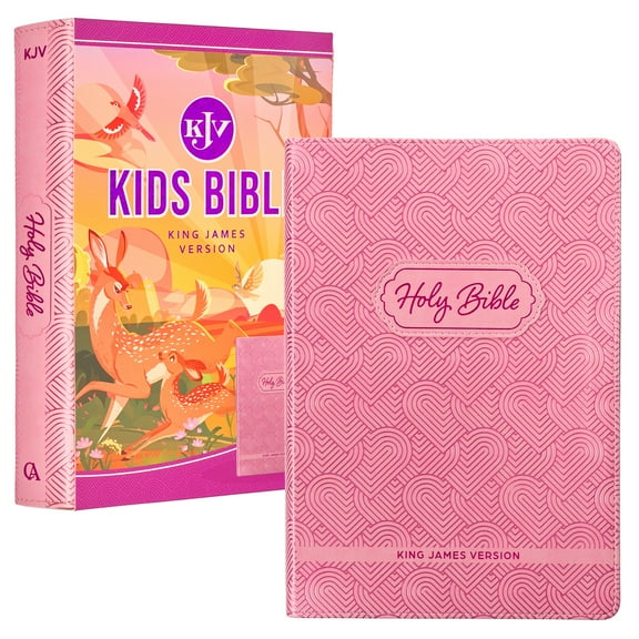 KJV Kids Bible, 40 pages Full Color Study Helps, Presentation Page, Ribbon Marker, Holy Bible for Children Ages 8-12, Blossom Pink Hearts Vegan Leather Flexible Cover