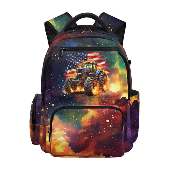 Jeiento American Flag School Backpack for Boys 17 Inch Lightweight Kids Backpack, 600D Tear Resistant & Padded Tablet Sleeve, Tractor Bookbag for Grades 3-6 Ages 9-12