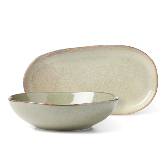 Oneida Organic Shades Green 44 oz Round Green Stoneware Serving Bowl Set with Serving Tray (2 Count)