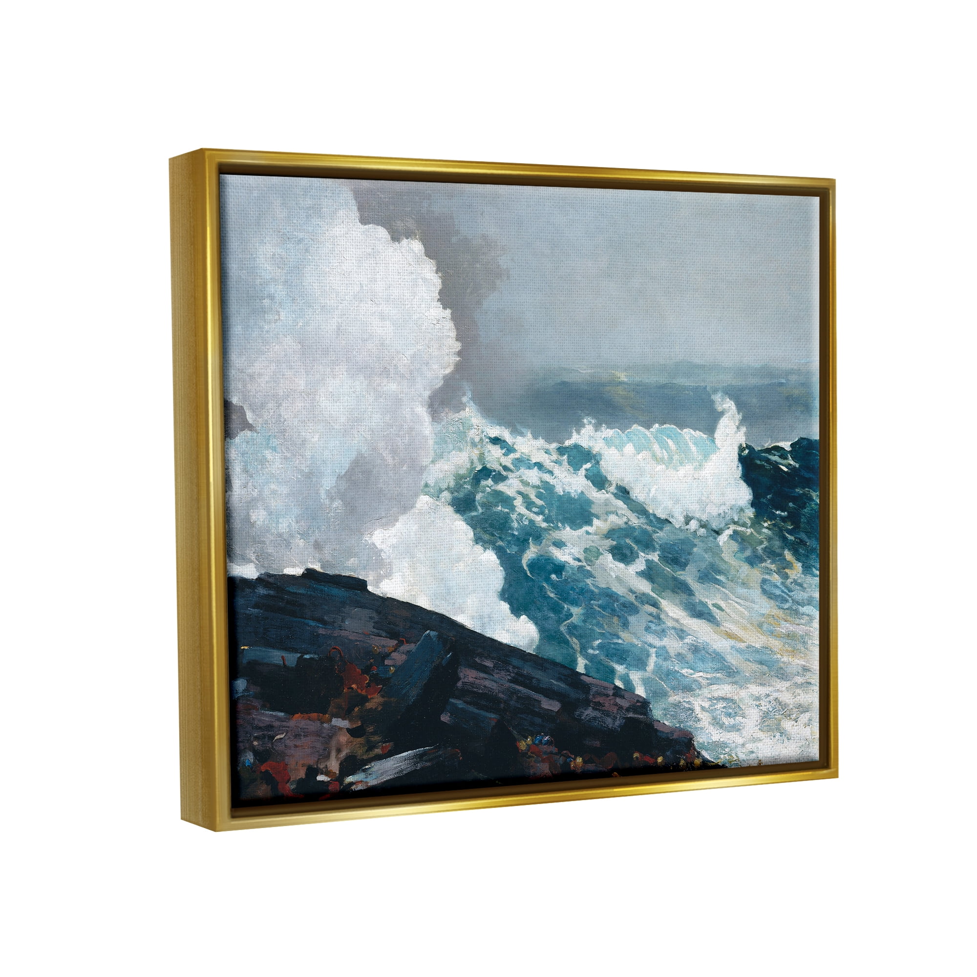 Stupell Industries Ocean Waves & Cliffs Landscape Painting Gold Floater Framed Canvas Art Print Wall Art, 21 x 17