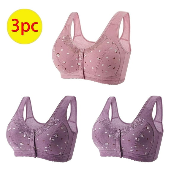 ylioge S-4X Bras for Women Plus Size Front Closure Wireless 3 Pack Push Up Bralettes Ladies Breathable Full-Coverage Underwear Bra
