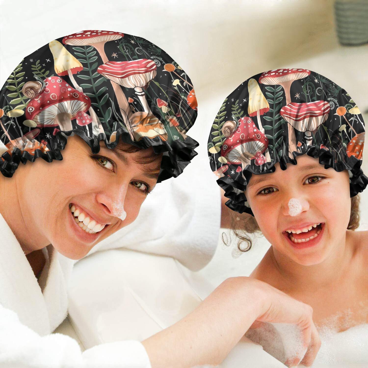 Shower Caps,Red Mushroom Butterfly Black Pattern Waterproof Shower Cap for Women 4 Pieces,Double Reusable Hair Cover for Shower PEVA Elastic Stretch Hem