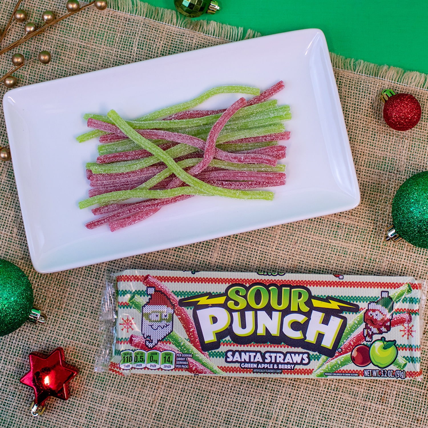 Sour Punch Santa Straws Holiday Candy, 3.2oz King Size Tray