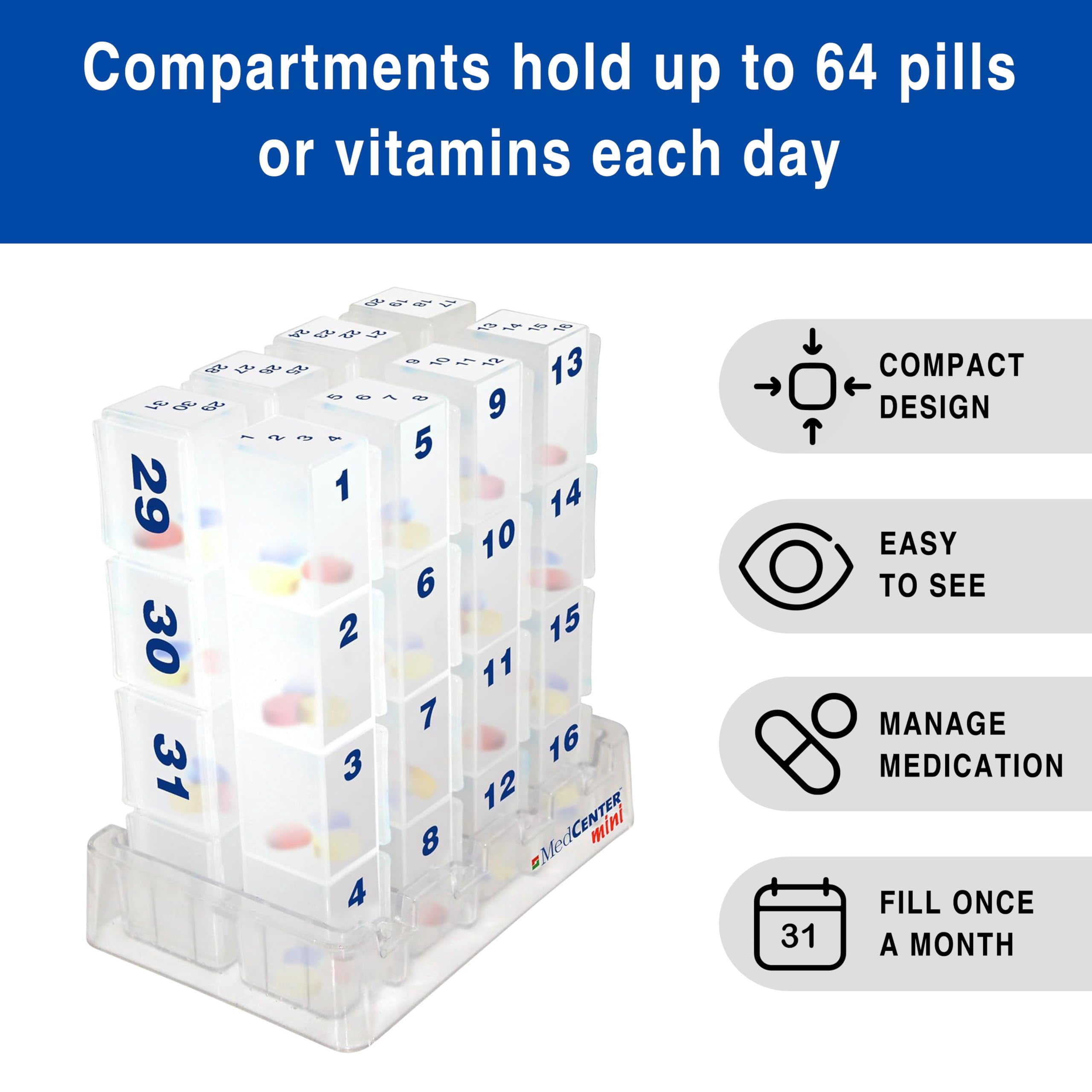 MEDCENTER Monthly Pill Organizer – 31-Day Pill System with Daily Numbered Boxes, Travel Canvas Pouch & Bonus Tweezers – Organized & Simple Medication