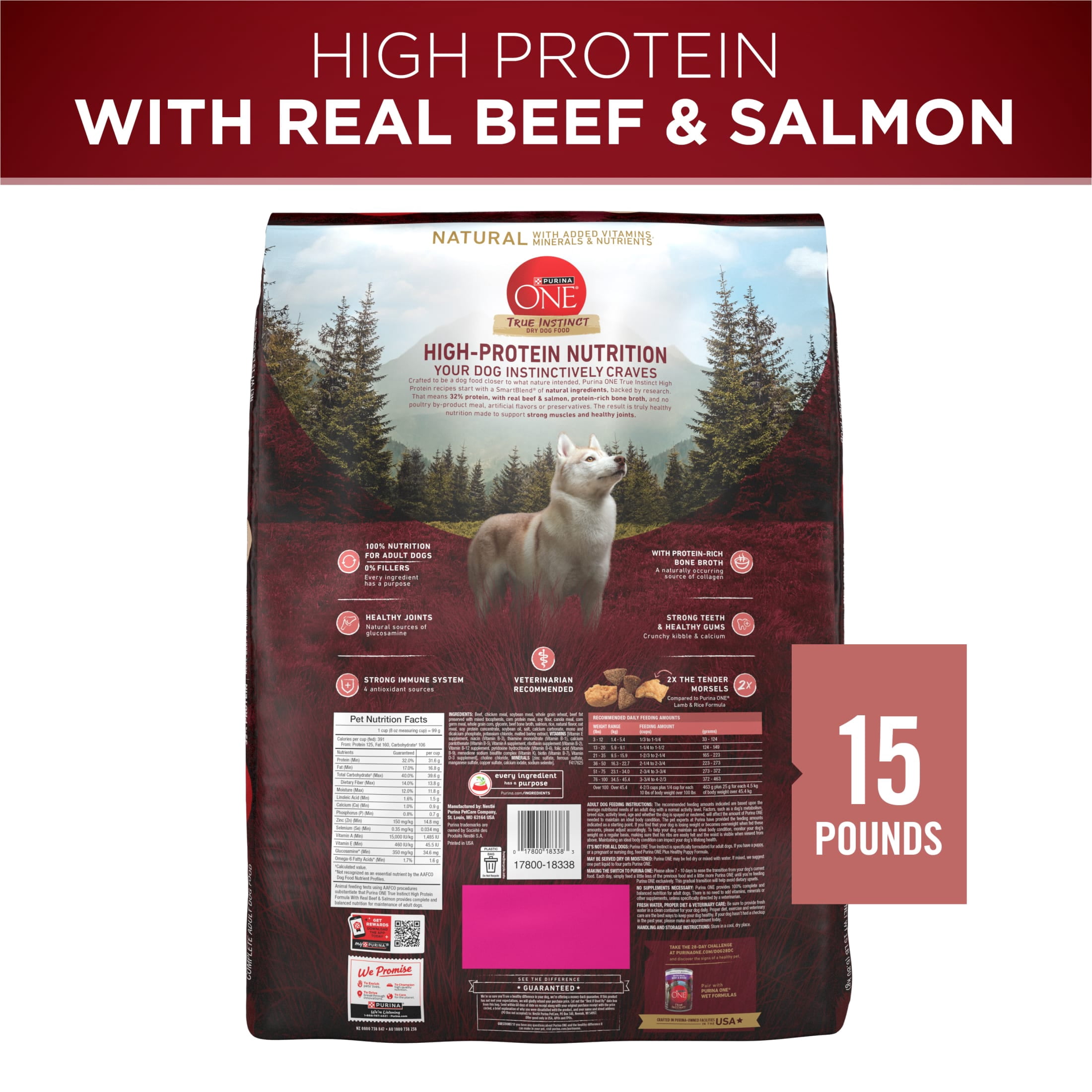 Purina ONE True Instinct High Protein Dry Dog Food with Real Beef & Salmon for Muscle Support, 15 lb Bag