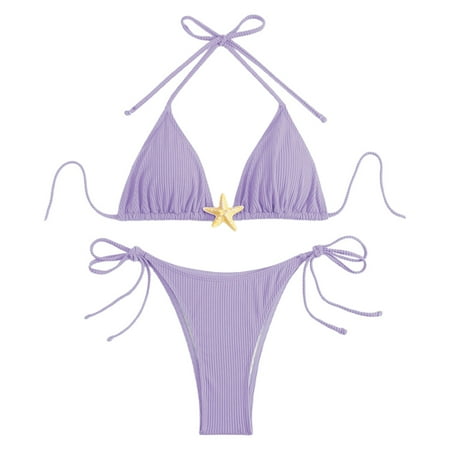 Hwmodou Sexy Thong String Bikinis Swimsuits Women Swim plus Solid Color Print Split High Waist Pants Suspender Backless Bathing Suits Blue