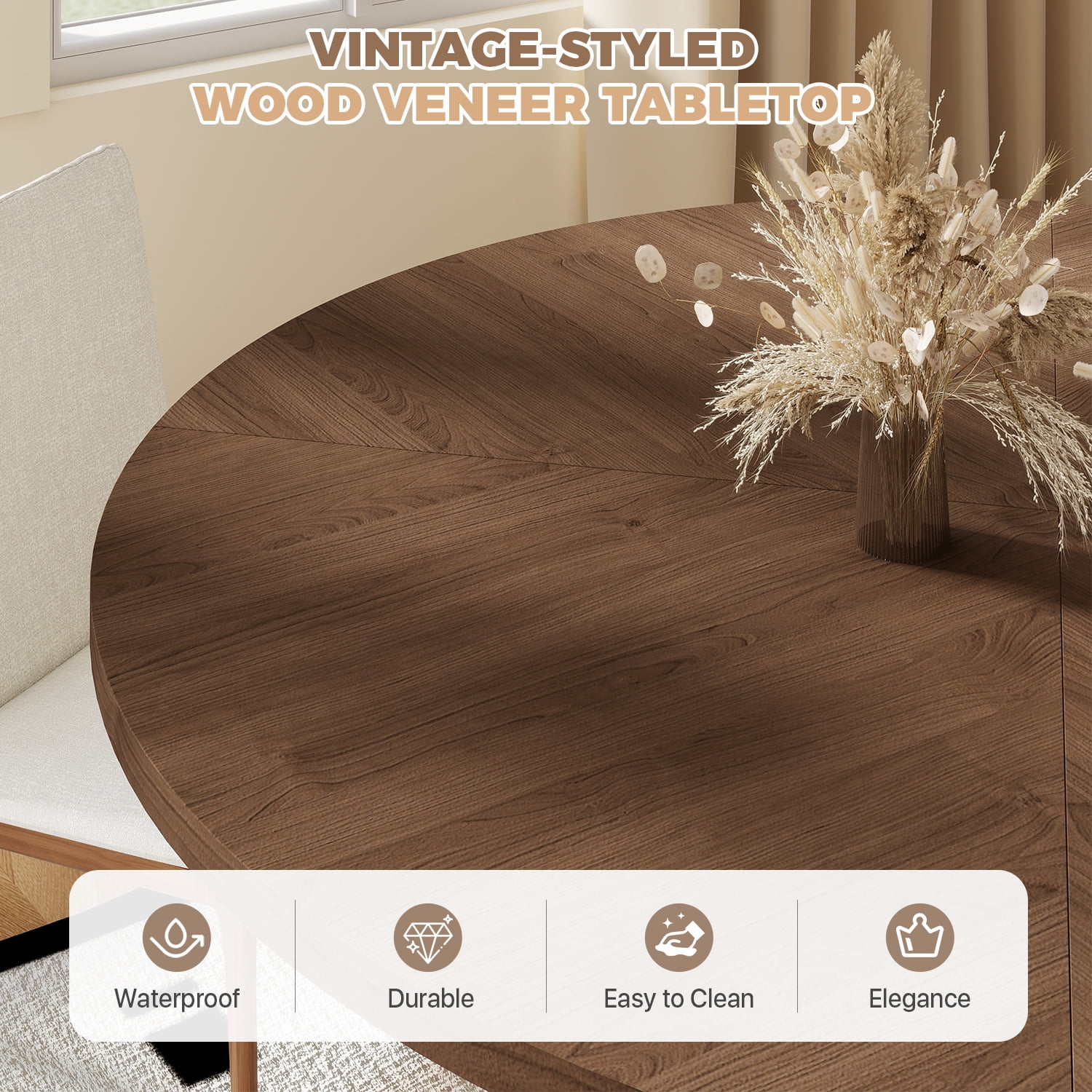BaPiPro 47-Inch Large Round Dining Table for 4 Person, Modern Farmhouse Kitchen Table with Hidden Storage for Dining Room, Rustic Brown