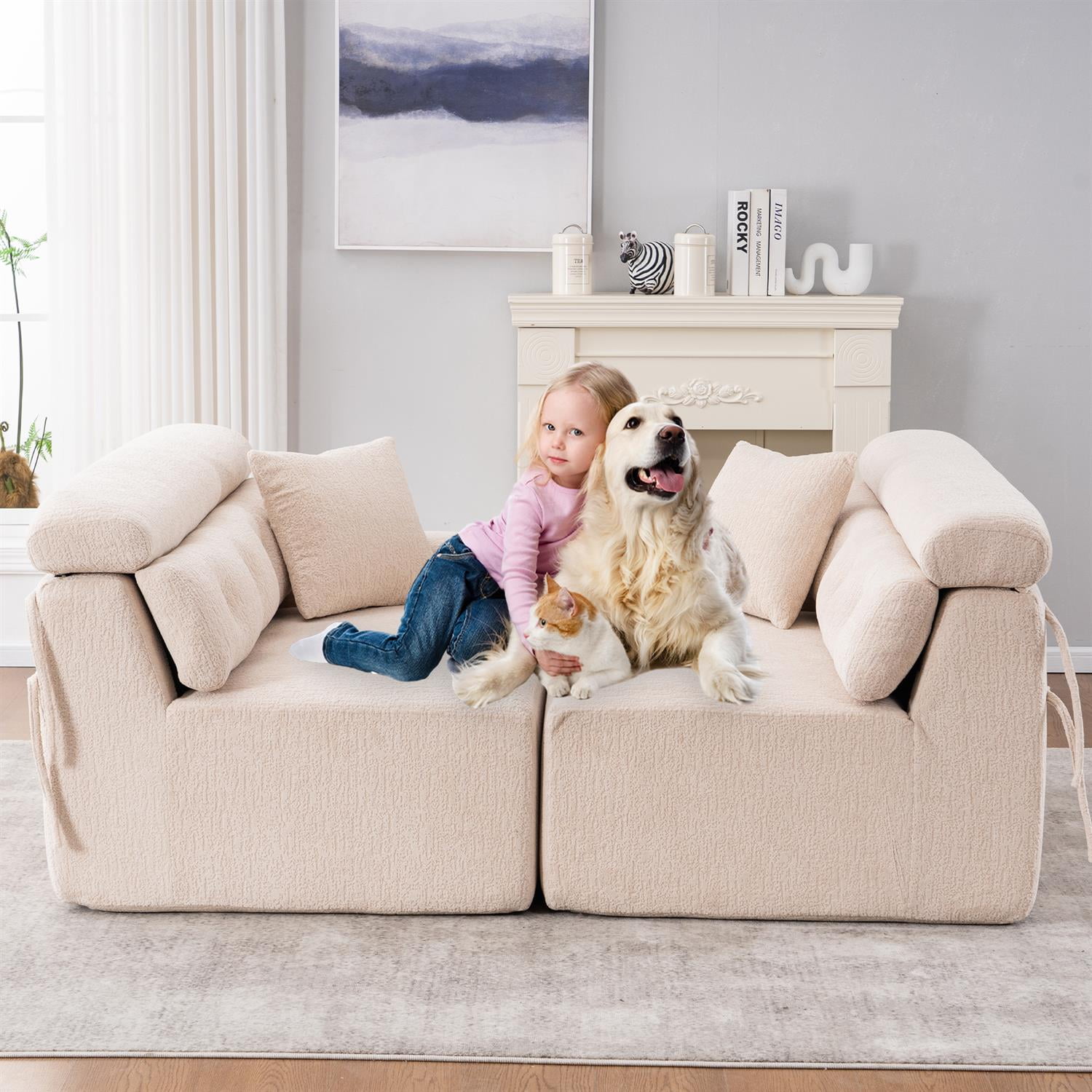 Demi Bonn 103" 4-Seater Compression Sofa Couch with Wood Grain Chenille Fabric, Full Sponge Cushion and 2 Cozy Pillows for Living Room, Beige