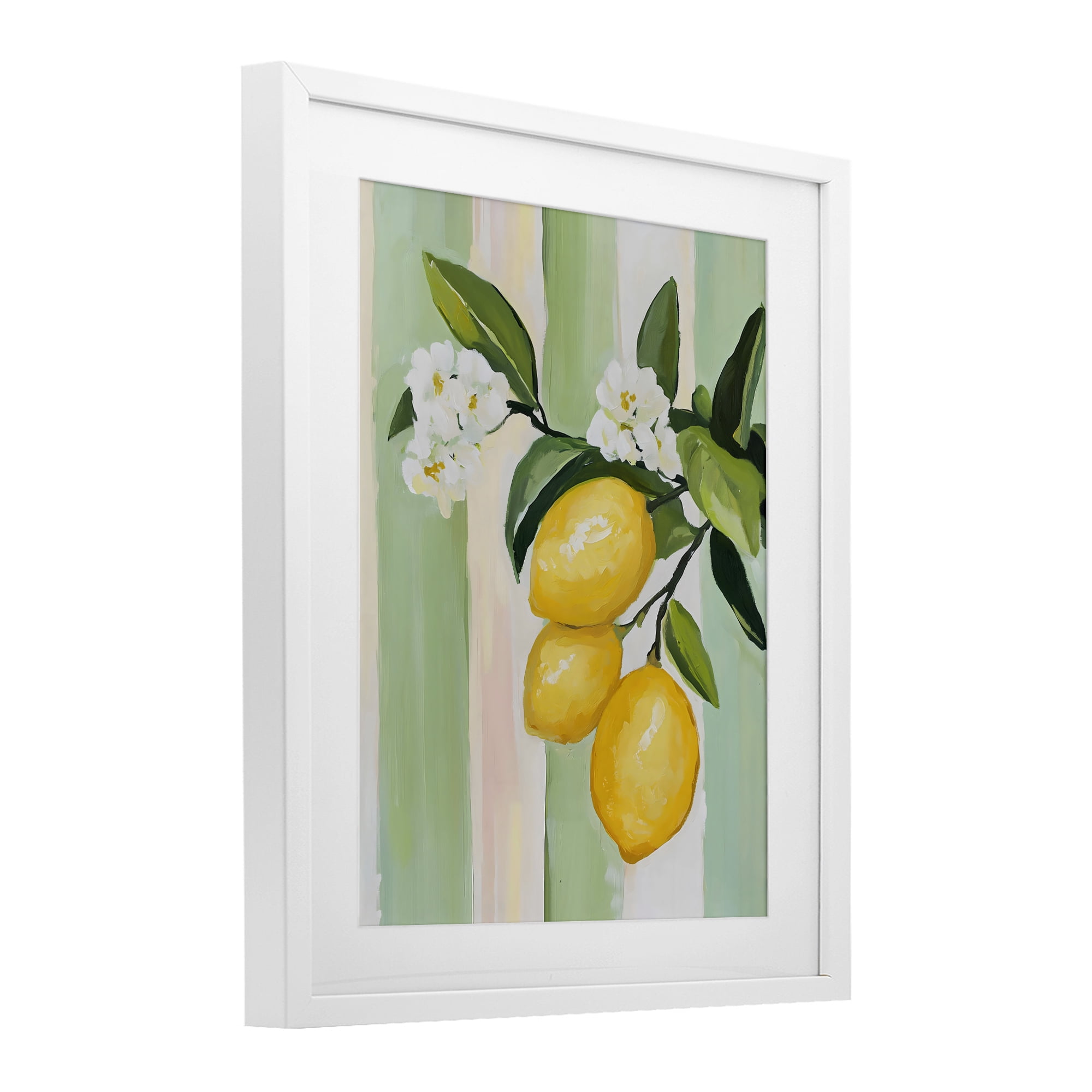 Stupell Industries Lemons & Flowers on Stripes White Framed Print Under Glass, design by The Prints Vibe