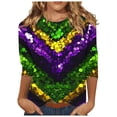 thumbnail image 2 of AGWOLF Mardi Gras Shirts for Women Carnival Party Outfits Round Neck 3/4 Sleeve Cute Shirt Glitter Graphic T-Shirts Festival Tops, 2 of 5