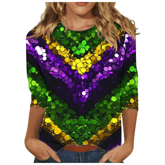 lcziwo Women's Mardi Gras Outfit 3/4 Sleeve Outfit Trendy Print Graphic Tees Blouses Casual Pullover Tops Outfit,Purple,M
