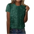 thumbnail image 2 of Women's Real Sequin Short Sleeve T-Shirt, Round Neck Sparkly Glitter Top, Dazzling Party Blouse for Evening Out, Club Wear, Casual Day to Night Outfits Blackish Green L, 2 of 6