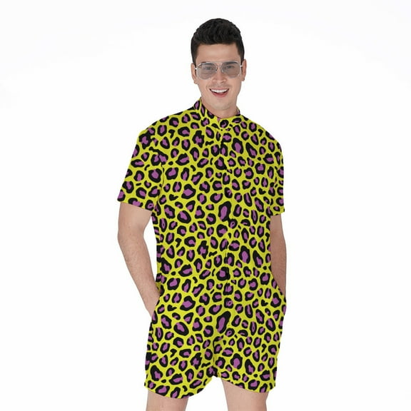 Yellow And Purple Leopard Pattern Short Sleeve Men'S Rompers, Wide Animal Casual Summer Jumpsuits Outfit