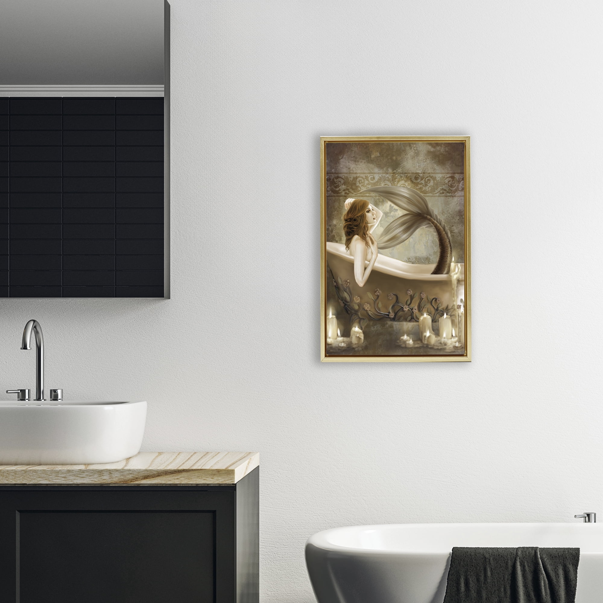 Stupell Industries Sepia Bath Time Mermaid Gold Framed Floater Canvas Wall Art, design by Selina Fenech
