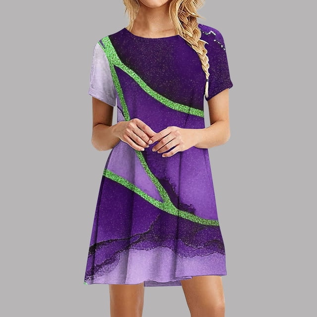 Liquidation d'Été Iumwxz Robe à Col Rond à Manches Courtes pour Femmes Tendance Ligne A Décontractée Plissée Robe Courte Robes à Imprimé Rayé Robes d'Été Décontractées pour Femmes Robe Confortable pour la Saint-Valentin
