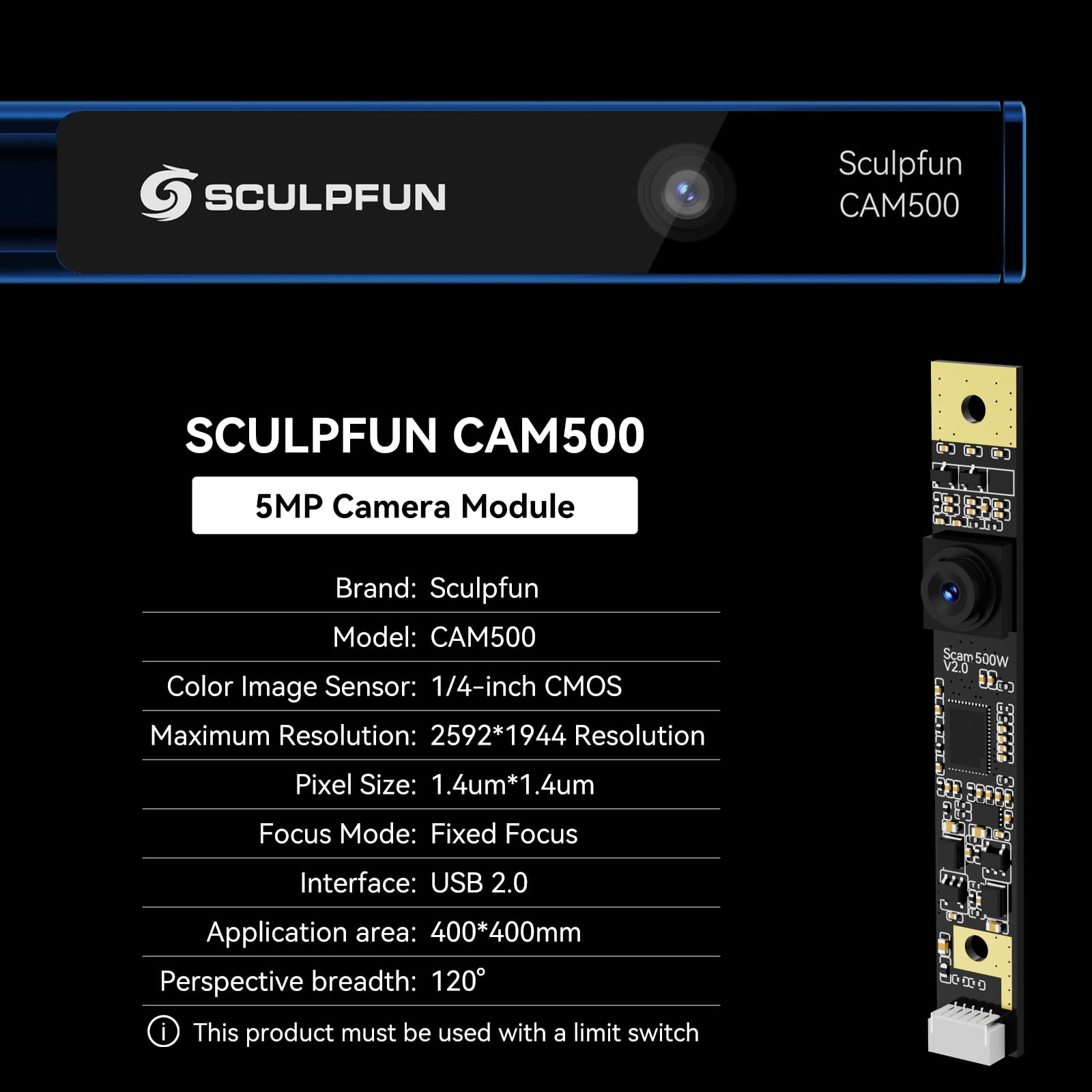 SCULPFUN CAM500 Lightburn Camera 5MP Pixel 120° Wide-angle Lens, Lightburn Camera for Engraver, Precise Positioning,  Recording, Industrial Camera for Engraving Machine, Working Range 400 * 400