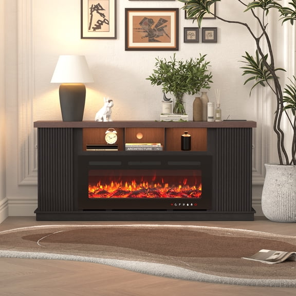 BUPPLEE 70" Fireplace TV Stand with Electric Fireplace & LED Light Bar, 2-Door Entertainment Center with Adjustable Storage, Dark Walnut