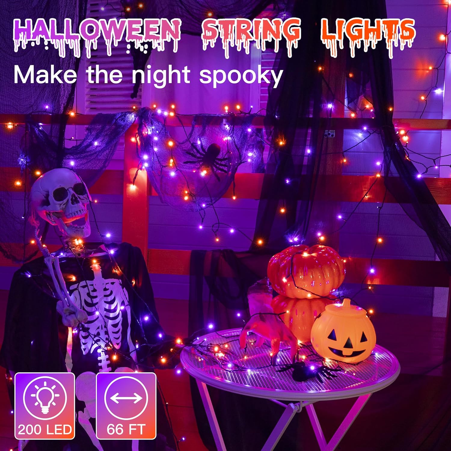 66FT 200 LED Halloween Lights, Halloween Lights Outdoor with 8 Lighting Modes, Waterproof Halloween String Lights for Christmas Outdoor Party Yard Garden Decoration
