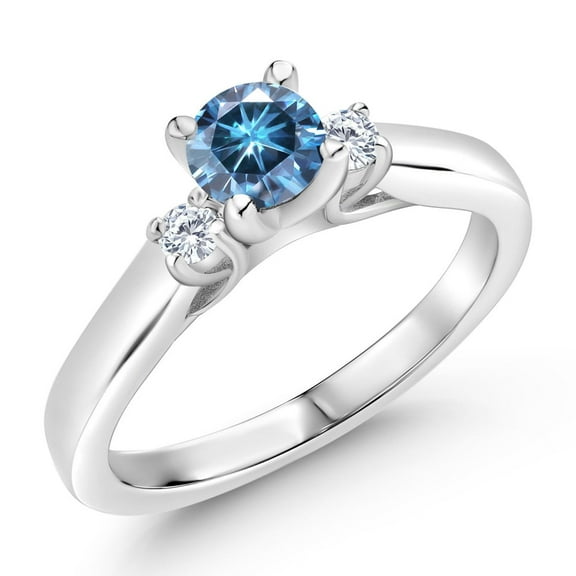Gem Stone King 925 Sterling Silver Persian Blue Moissanite and White Lab Grown Diamond 3-Stone Engagement Ring for Women (0.63 Cttw, Gemstone Birthstone, Size 7)