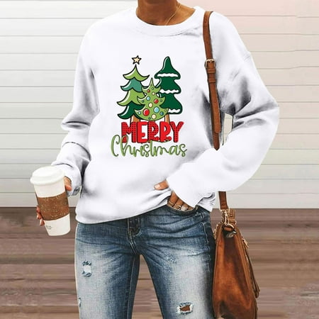 

jsaierl Oversized Sweatshirts for Women Round Neck Long Sleeve Shirts Christmas Tree Pattern Tops Dressy Casual 2022 Blouse Tee Pullover Christmas Gifts for Women