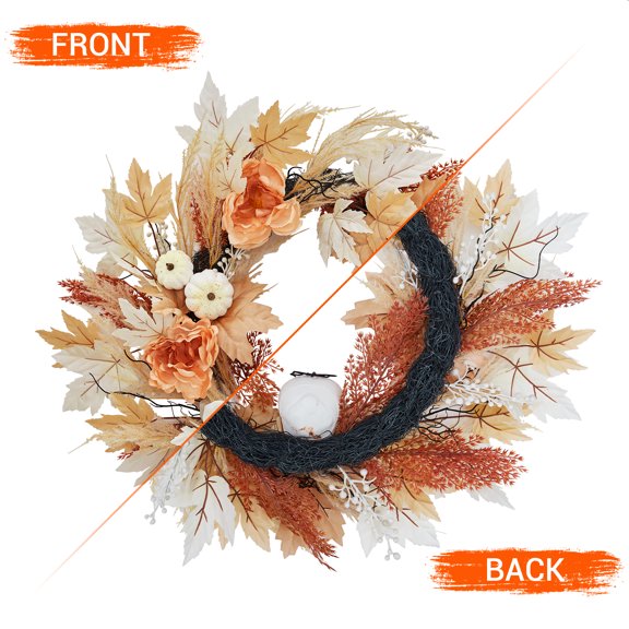 Kicctian 22 Inch Pre-Lit Halloween Fall Wreath with Lights, Bone Motif & White Pumpkin for Front Door Porch, Autumn Decor, Yellow and White, One Size