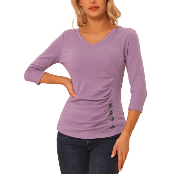 BLUSA RUCHADA PARA MUJERES CHIC INSPIRE CON BOTONES DECORATIVOS, CUELLO EN V, MANGA 3/4, TEJIDO SÓLIDO, TAMAÑO 3XL, GRIS MORADO