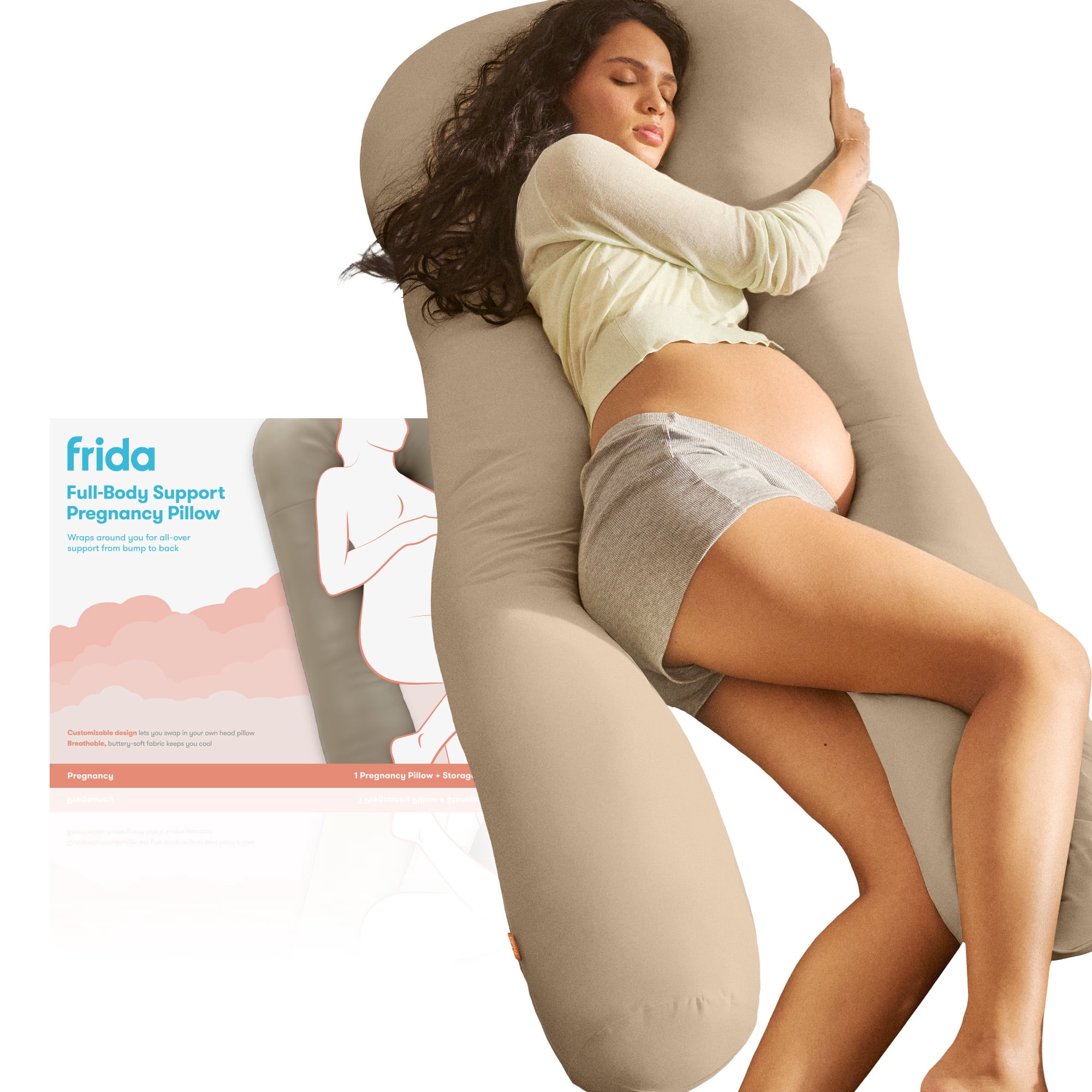 Frida Mom Full Body Support Pregnancy Pillow, Cooling Pregnancy Pillow,  Wraps Around for All Over Support, Extended Length to Support from Head to Toe, Easy to Clean, Breathable, Compact Storage Bag