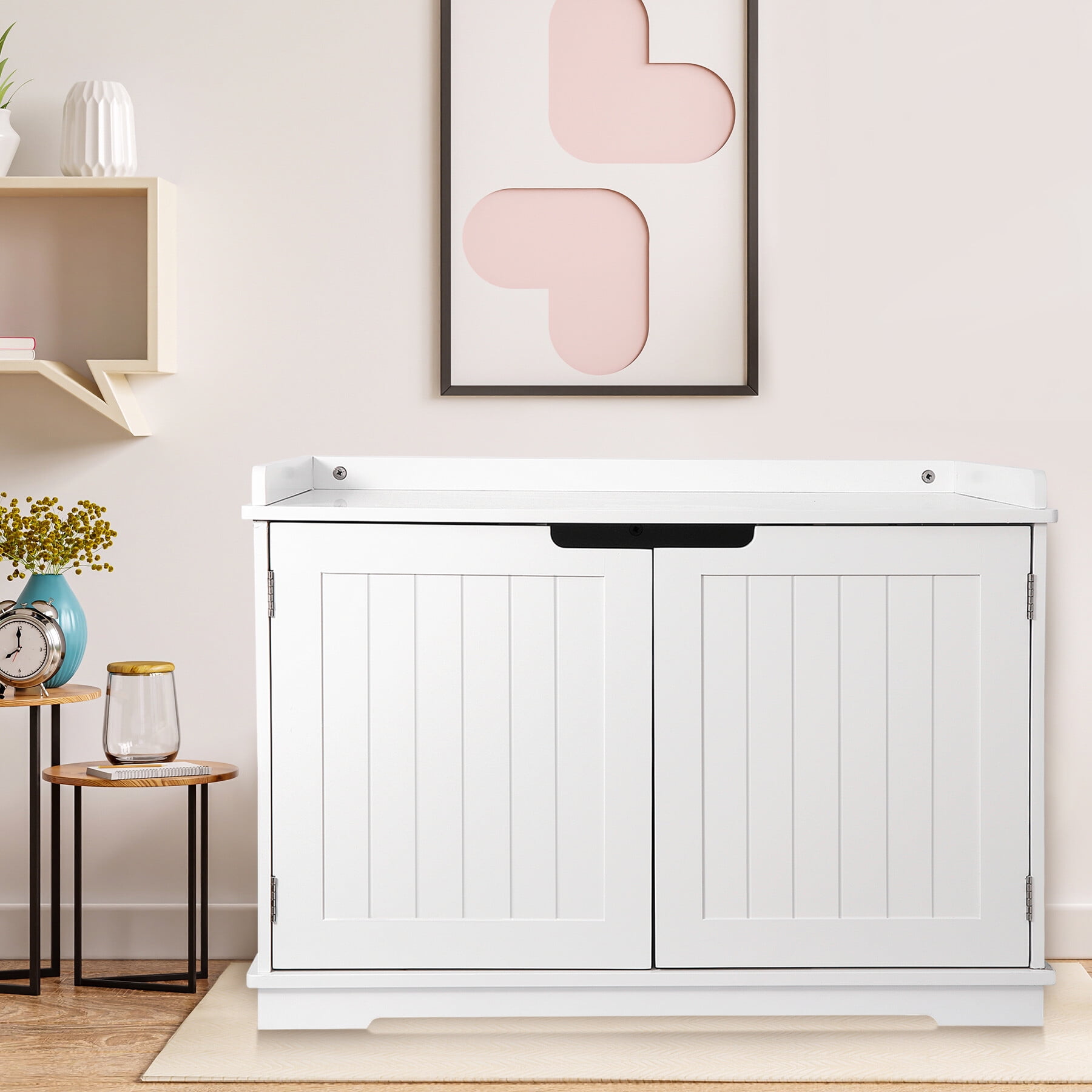 ZENY Double Door Hidden Cat Litter Box Enclosure Storage Cabinet MDF Frame Cat House, White