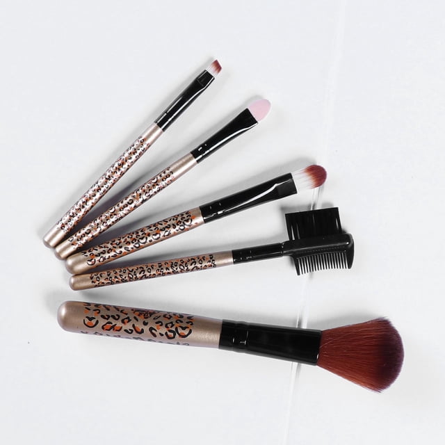 5pcs Leopard Wooden Handle Eyebrow Liner Foundation Pinceles De Maquillaje