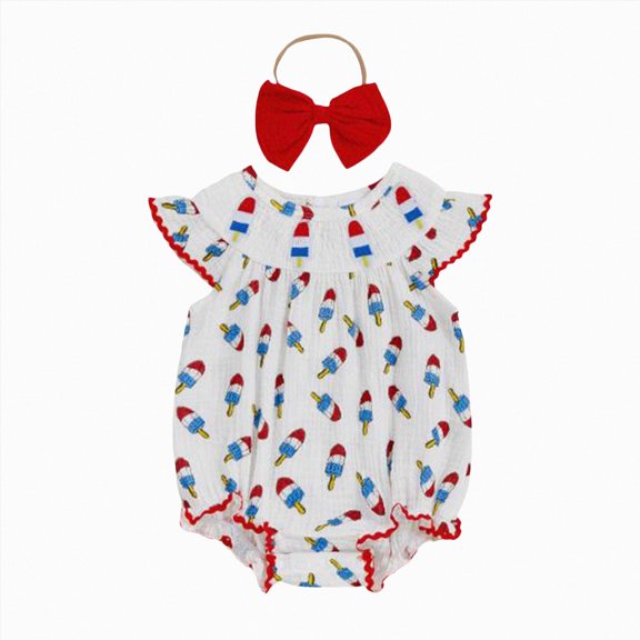 mgoYE Baby Girl 4th Of July Outfit 3 6 12 18 Months Cute Fly-Sleeves Flag Smocked Bubble Romper Infant Newborn Summer Clothes(White,12-18 Months)
