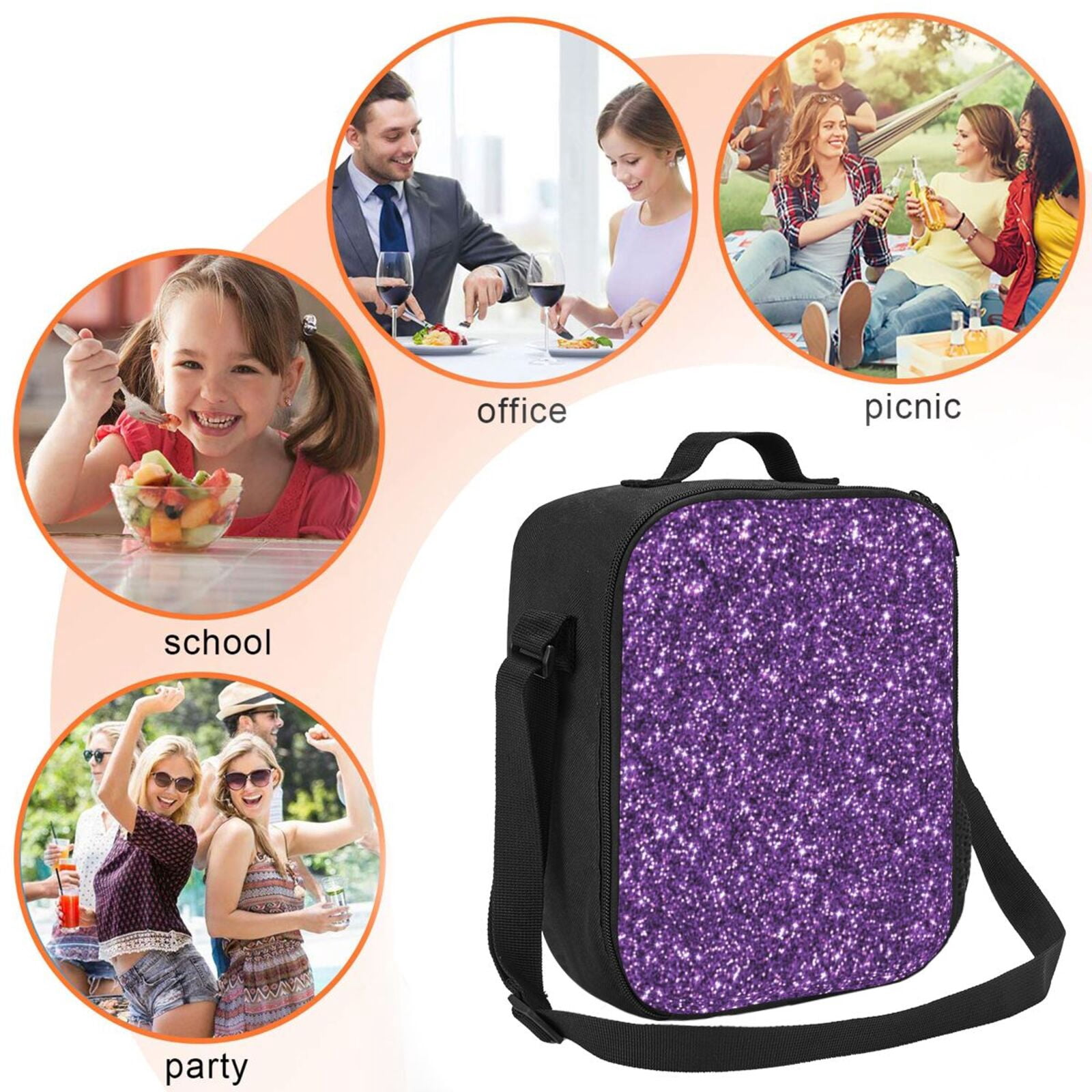 Xecao Purple Glitter Print Lunch Bag - Durable, Double-Insulated Lunch Bag, Holds Lunch Box, Water Bottle, & Snacks,Leakproof Cooler Tote Bag